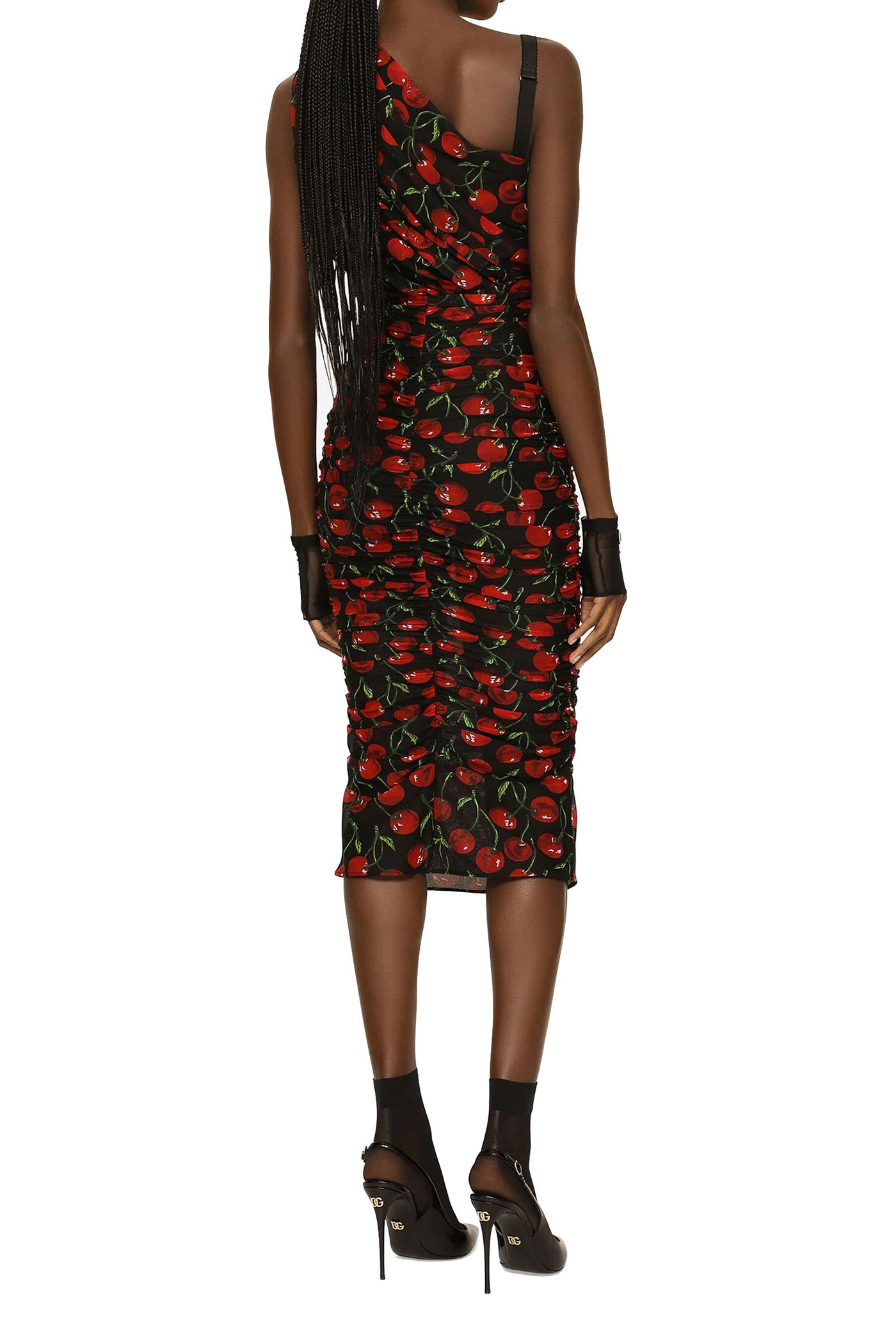 DOLCE&GABBANA ONE-SHOULDER TULLE MIDI DRESS WITH CHERRY PRINT AND DRAPING