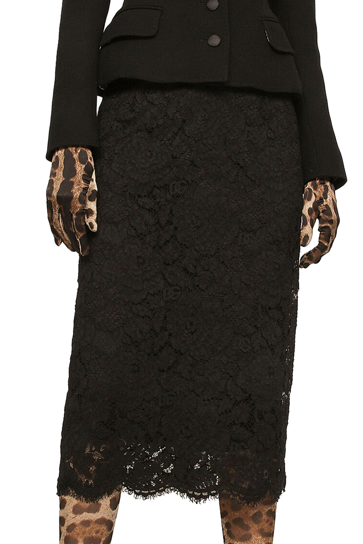 DOLCE&GABBANA BRANDED STRETCH LACE MIDI SKIRT