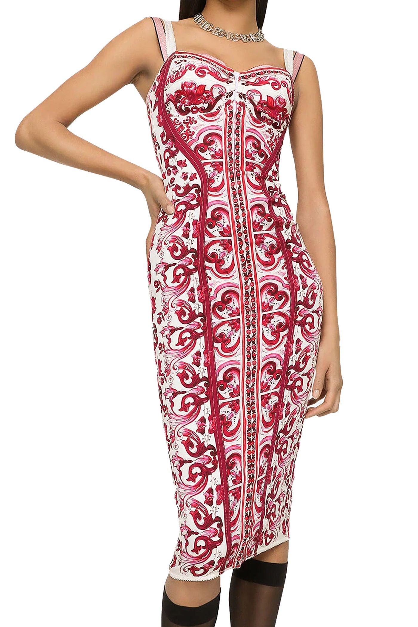 DOLCE & GABBANA MAJOLICA-PRINT CHARMEUSE CORSET DRESS