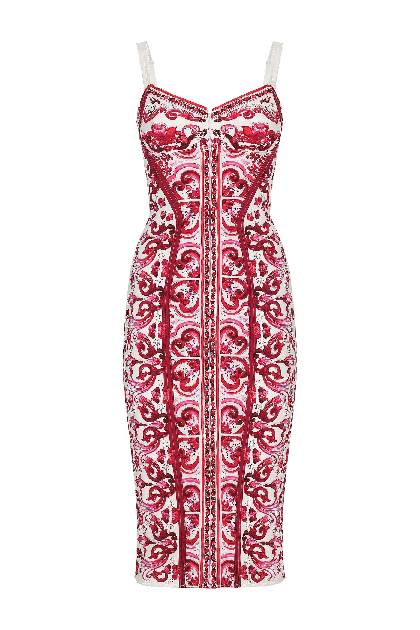 DOLCE & GABBANA MAJOLICA-PRINT CHARMEUSE CORSET DRESS