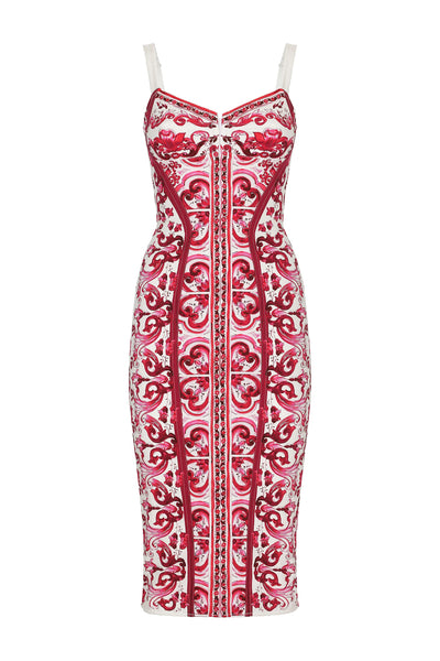 DOLCE & GABBANA MAJOLICA-PRINT CHARMEUSE CORSET DRESS