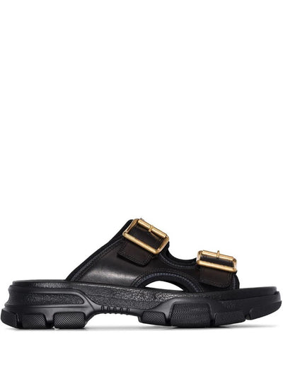 GUCCI RIDGBUCKLED LEATHER SLIDES