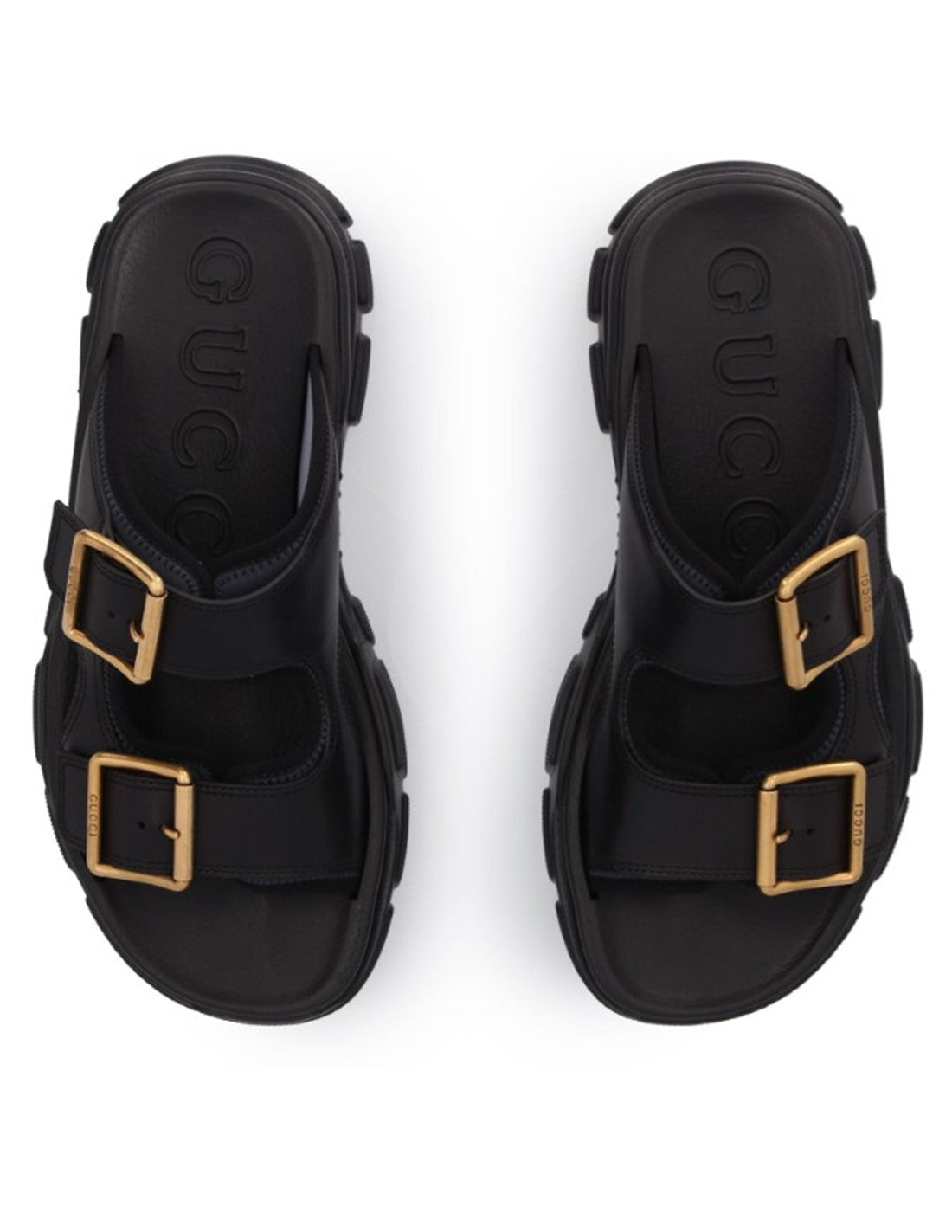 GUCCI RIDGBUCKLED LEATHER SLIDES