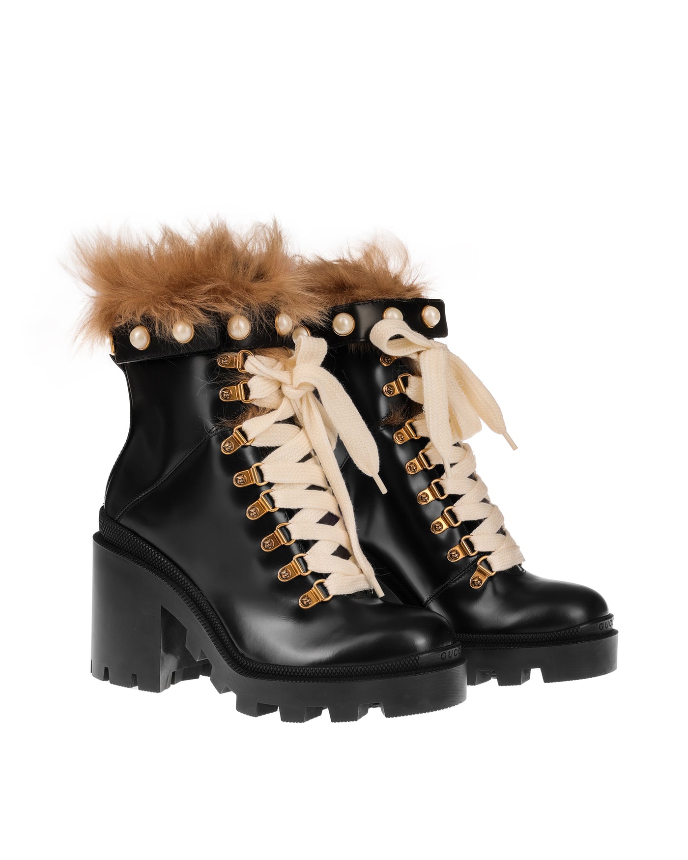 GUCCI MAGNUM CALFSKIN PEARL LACE UP COMBAT ANKLE BOOTS