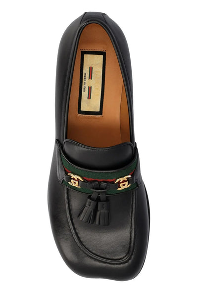 GUCCI BLACK MOCCASINS WITH GG CROSS AND WEB