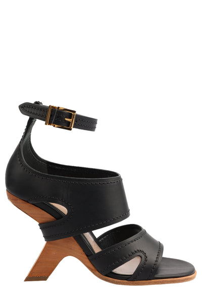 ALEXANDER MCQUEEN N.13 SCULPTURAL LEATHER SANDALS WITH WOODEN HEEL IN BLACK