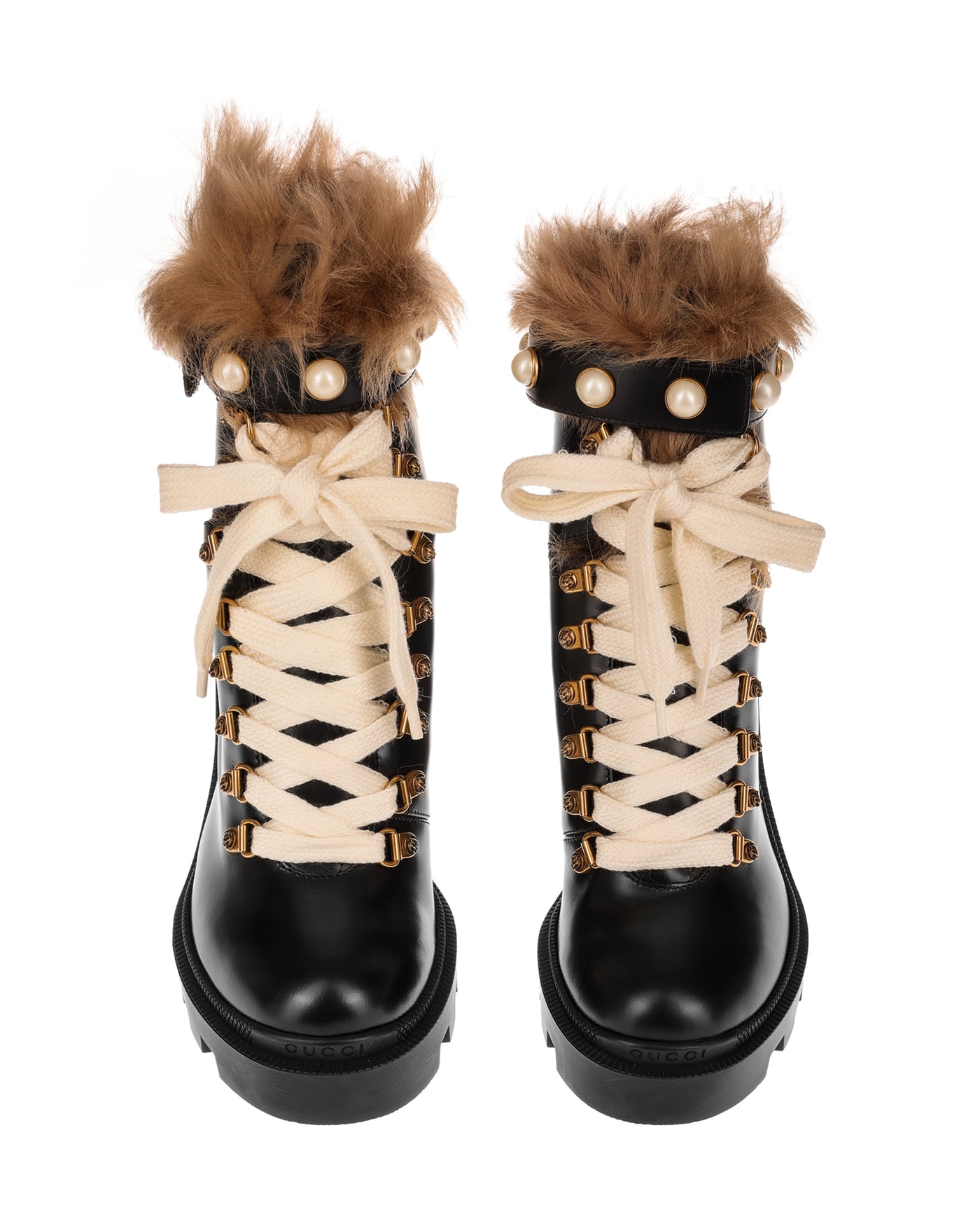 GUCCI MAGNUM CALFSKIN PEARL LACE UP COMBAT ANKLE BOOTS