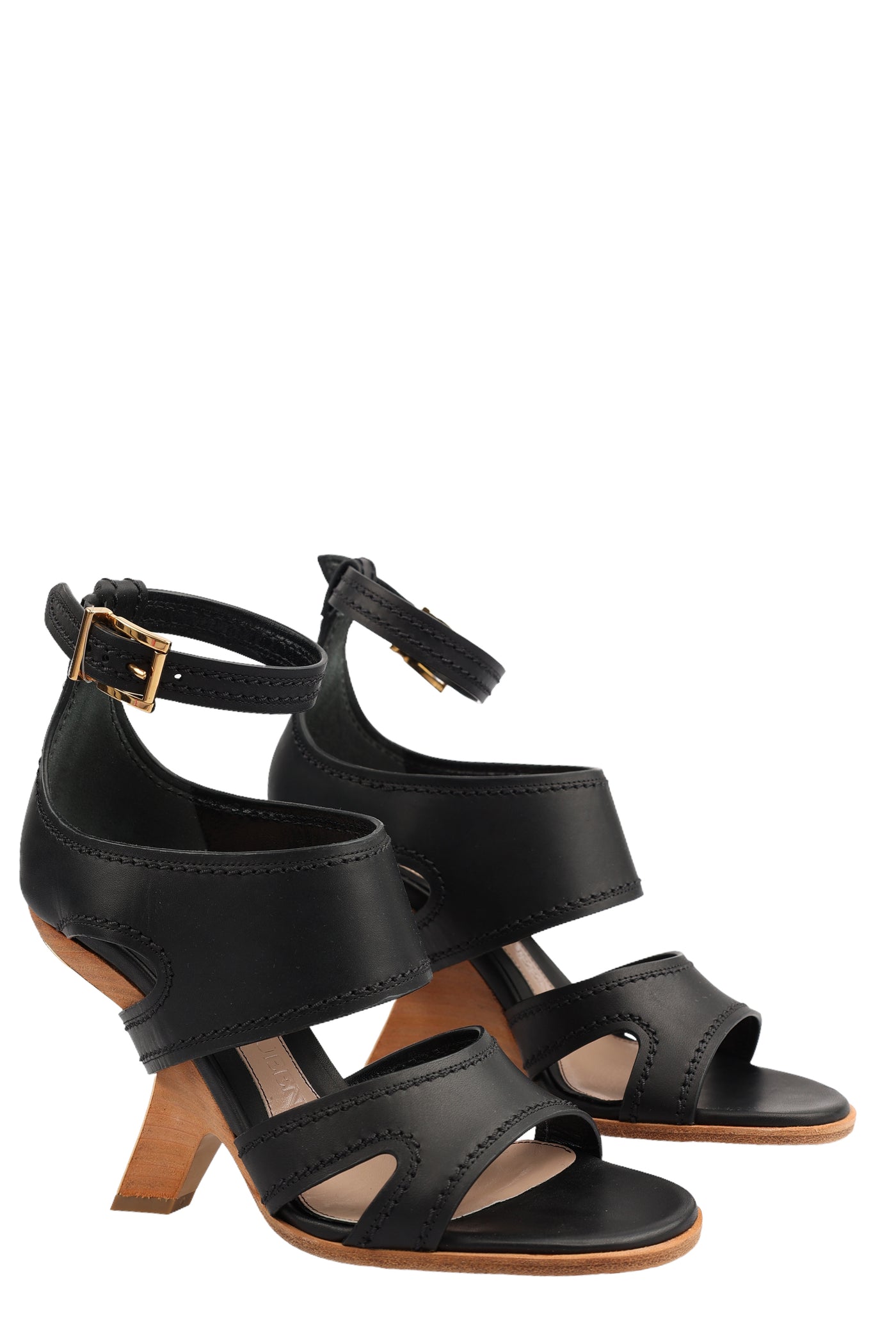 ALEXANDER MCQUEEN N.13 SCULPTURAL LEATHER SANDALS WITH WOODEN HEEL IN BLACK