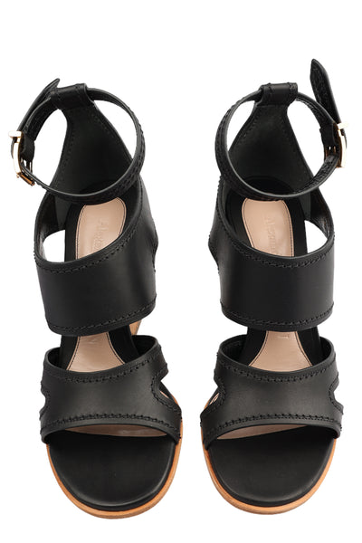 ALEXANDER MCQUEEN N.13 SCULPTURAL LEATHER SANDALS WITH WOODEN HEEL IN BLACK