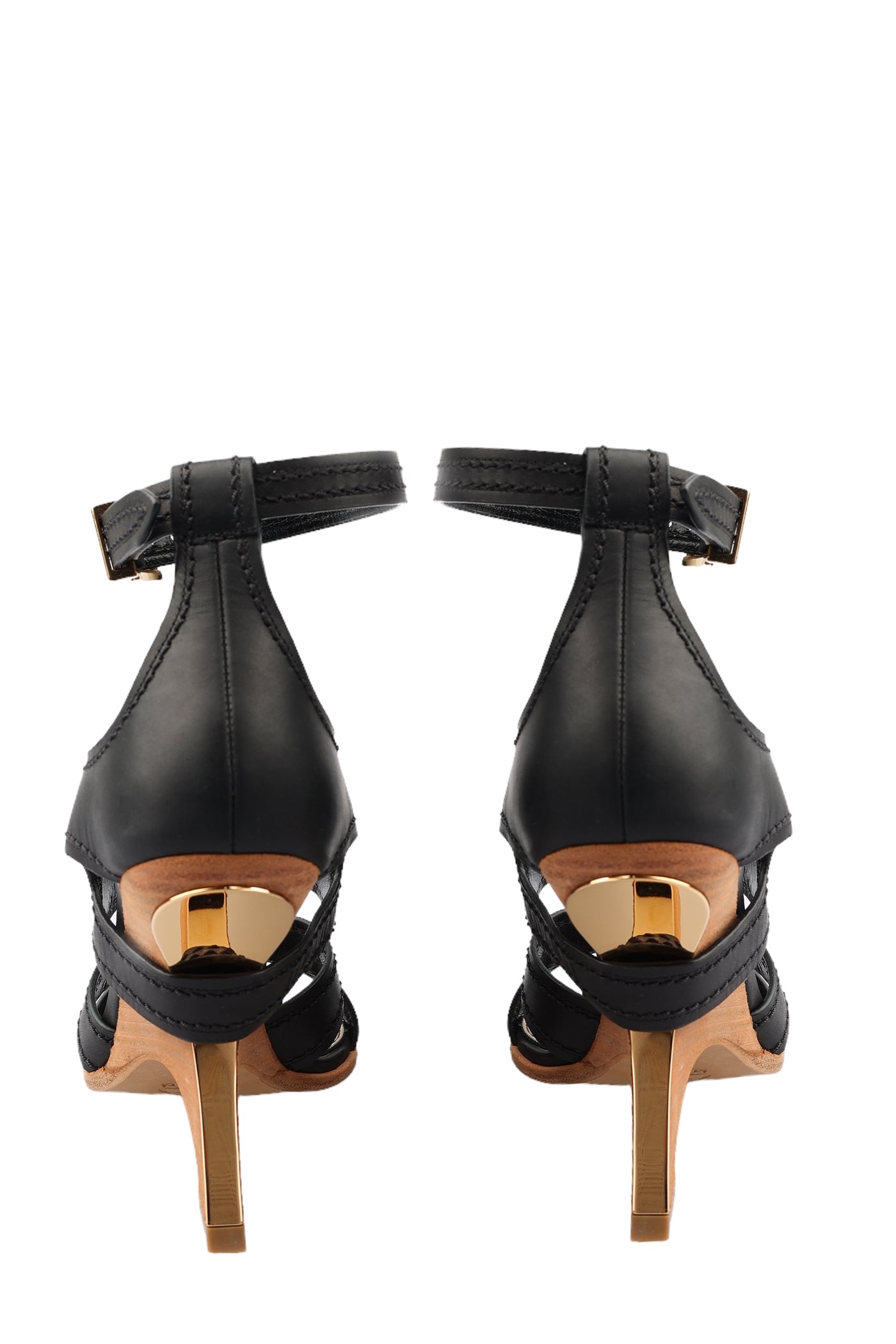 ALEXANDER MCQUEEN N.13 SCULPTURAL LEATHER SANDALS WITH WOODEN HEEL IN BLACK